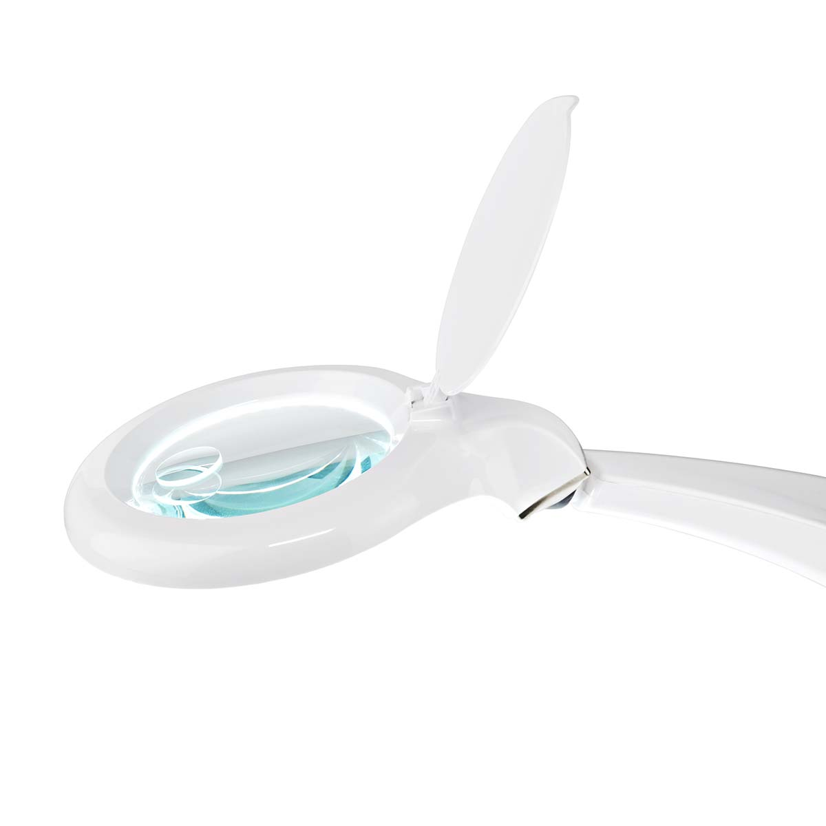 Una lampada con lente d'ingrandimento bianca con lente circolare e piccolo coperchio aperto.