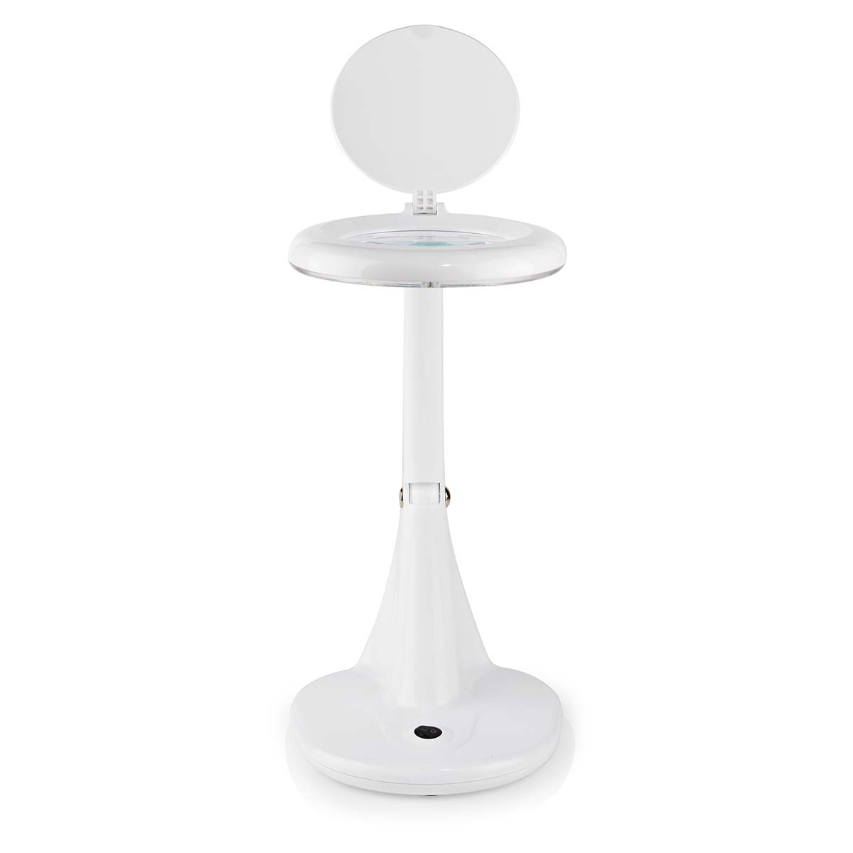 Lampada con lente d'ingrandimento bianca con lente rotonda e base piccola.