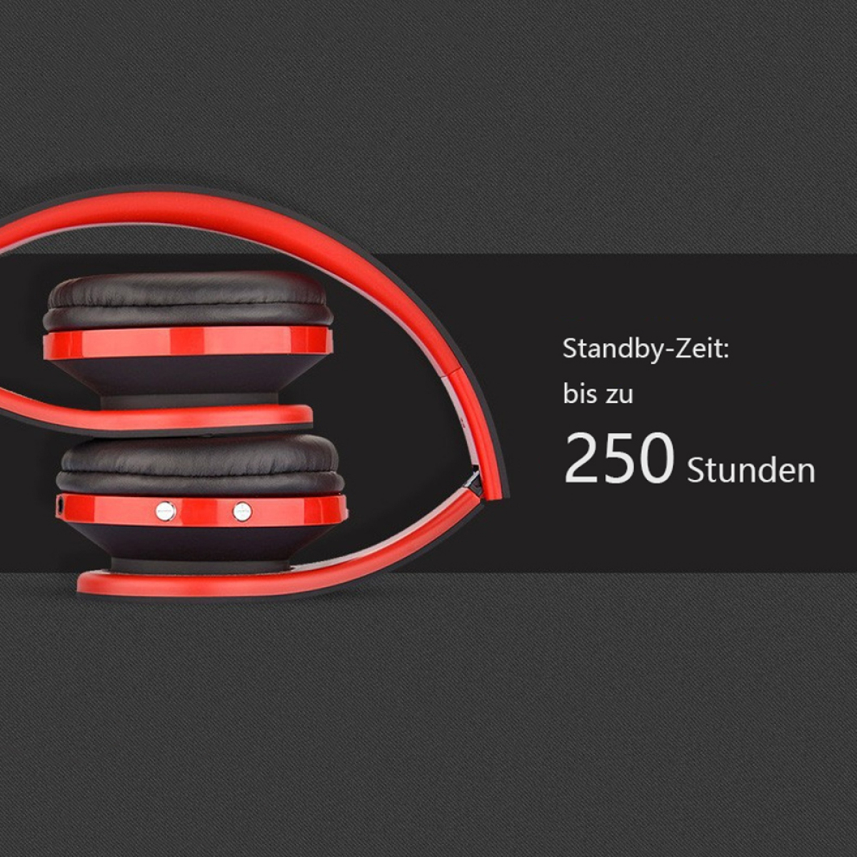Rote und schwarze Kopfhörer in gefalteter Position, mit dem Text '250 Stunden'.