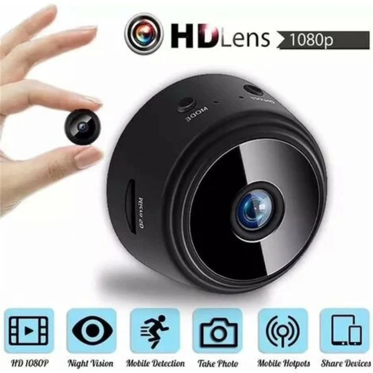 Eine kleine schwarze HD-Kamera mit 1080p-Objektiv, neben einer Hand. Darunter befinden sich verschiedene Funktionssymbole.