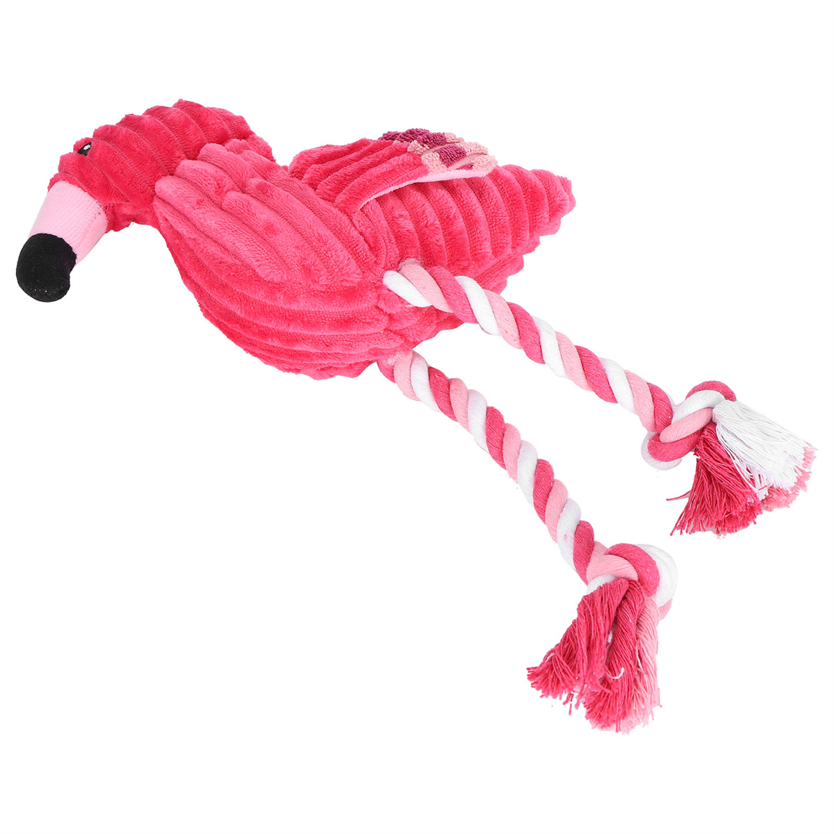 Ein rosa Flamingo-Hundespielzeug mit rosa-weißen Seilbeinen und einem schwarzen Schnabel.