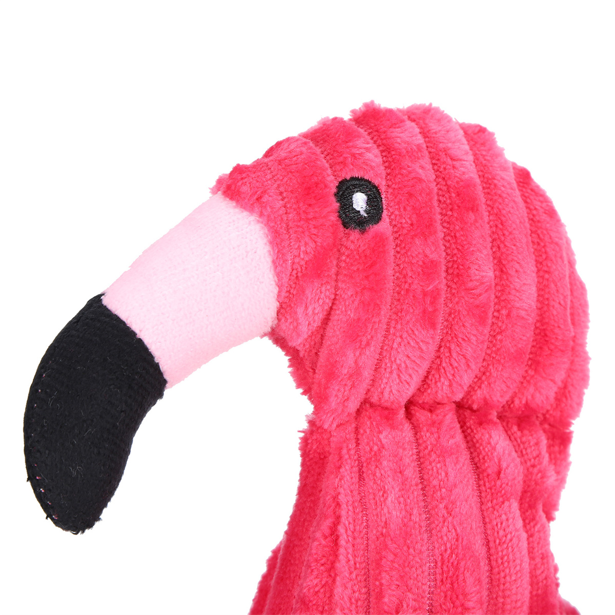 Rosa Flamingo-Plüschtierkopf, weißer Hintergrund. Mit rosa Körper, schwarzem und rosa Schnabel und schwarzem Auge.
