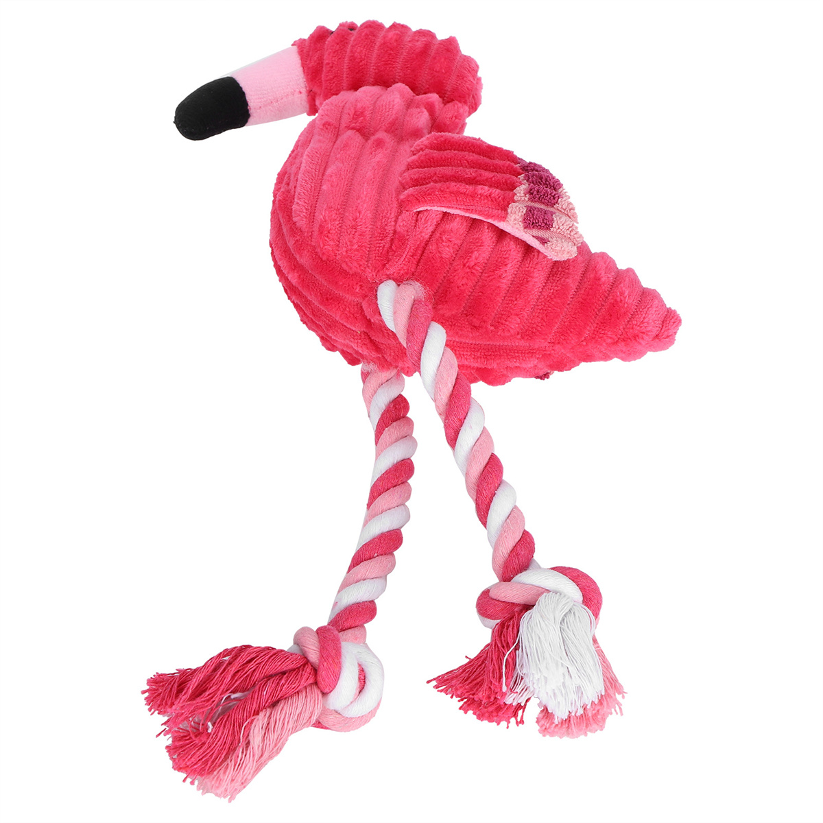 Rosa Flamingo-Spielzeug mit Seilbeinen. Mit rosa Körper, Flügeln und Beinen aus verdrehten rosa und weißen Seilen.