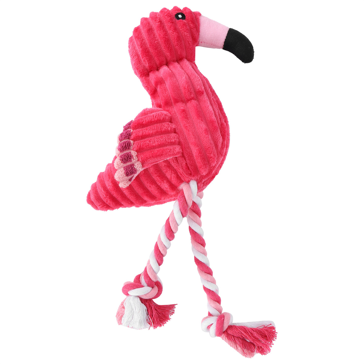Rosa Flamingo-Spielzeug mit verdrehten Seilbeinen auf weißem Hintergrund. Es hat einen schwarzen Schnabel und einen rosa Kopf.