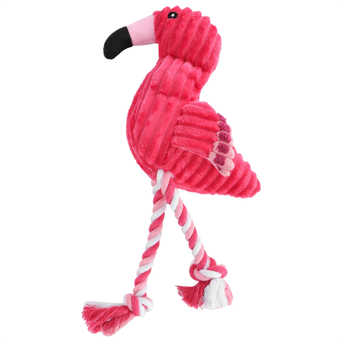 Ein rosa Flamingo-Hundespielzeug mit einer Schnur und Quasten. Es ist vor einem weißen Hintergrund platziert.