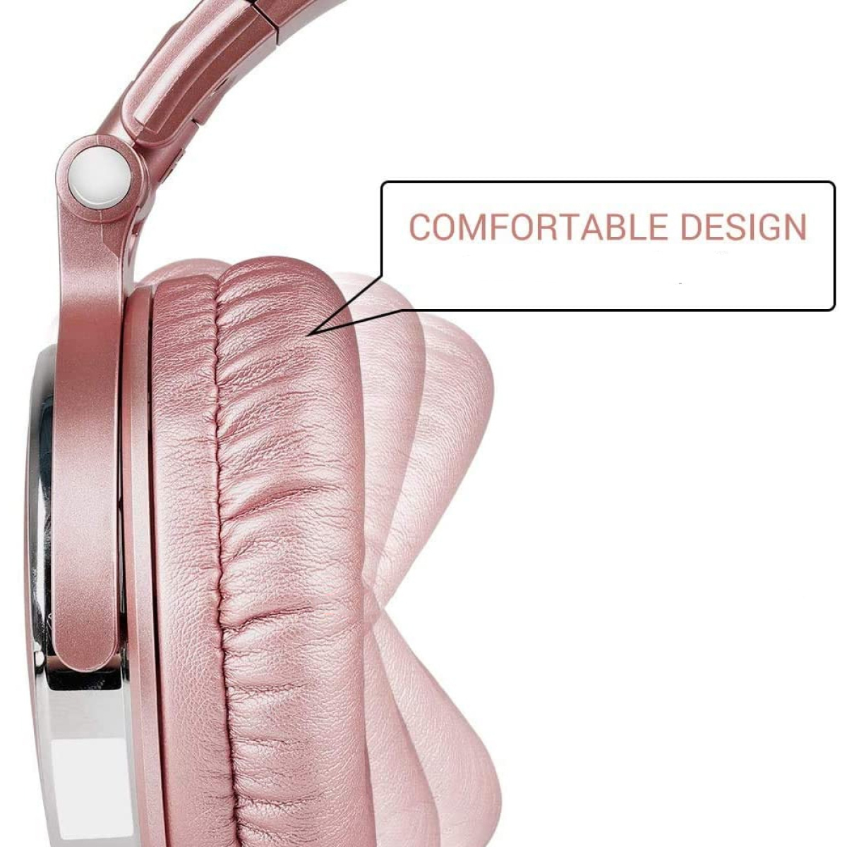 Nahaufnahme von roségoldenen Kopfhörern, die den Text „Komfortables Design“ und die Ohrmuschel zeigen.