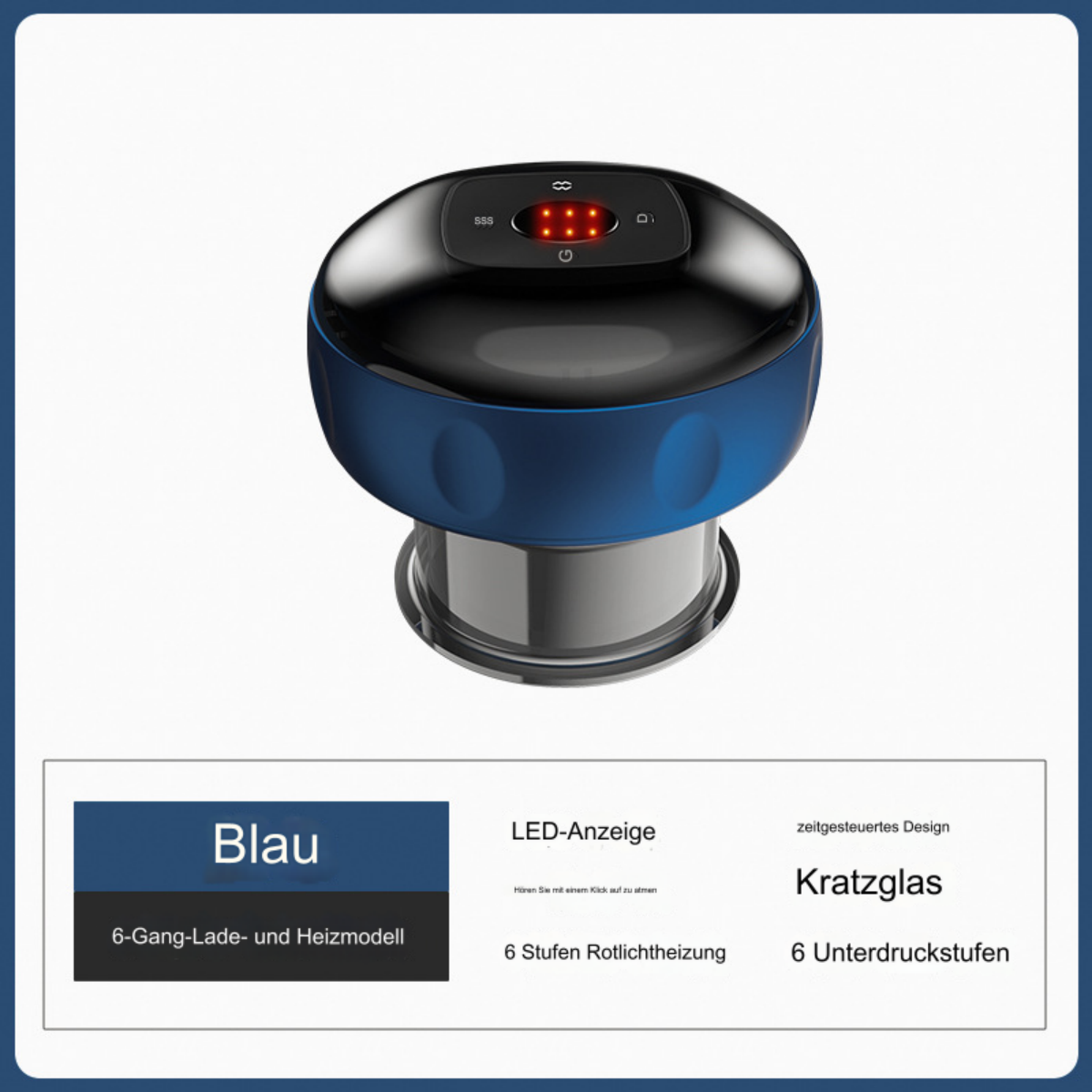 Blaues und schwarzes Elektrogerät. Text auf Deutsch beschreibt Funktionen und LED-Anzeigen. Weißer Rahmen um das Bild.