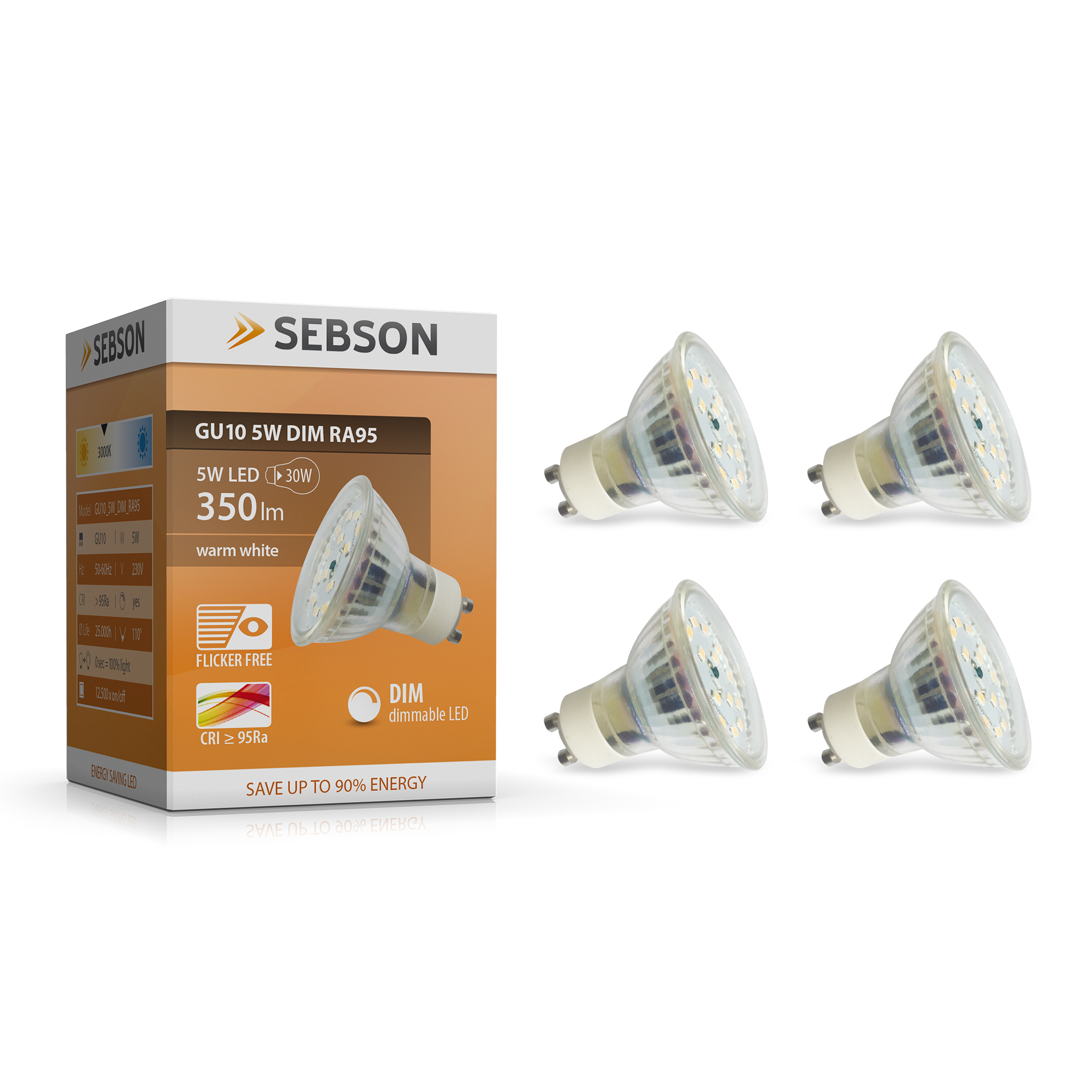Eine Schachtel mit SEBSON GU10 5W DIM RA95 LED-Leuchten mit vier Lichtern.