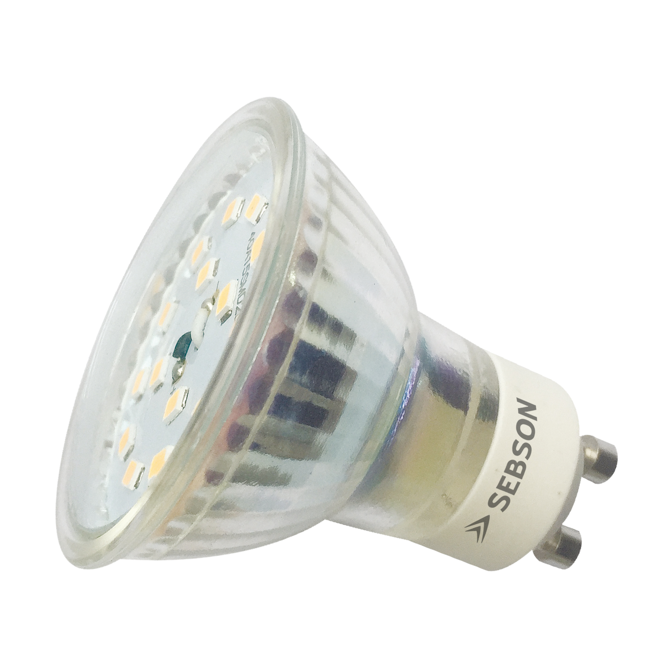 GU10 LED-Glühbirne. Klare Glasabdeckung mit kleinen LEDs. Sebson-Logo auf dem weißen Sockel.