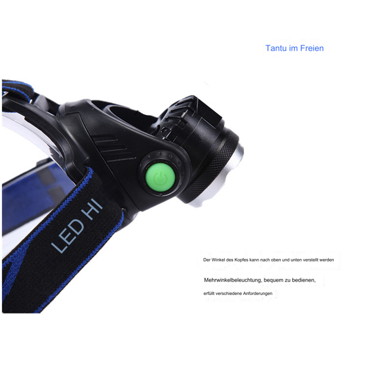 Schwarze und blaue LED-Stirnlampe mit grünem Knopf. Der Text 'LED HI' ist sichtbar.