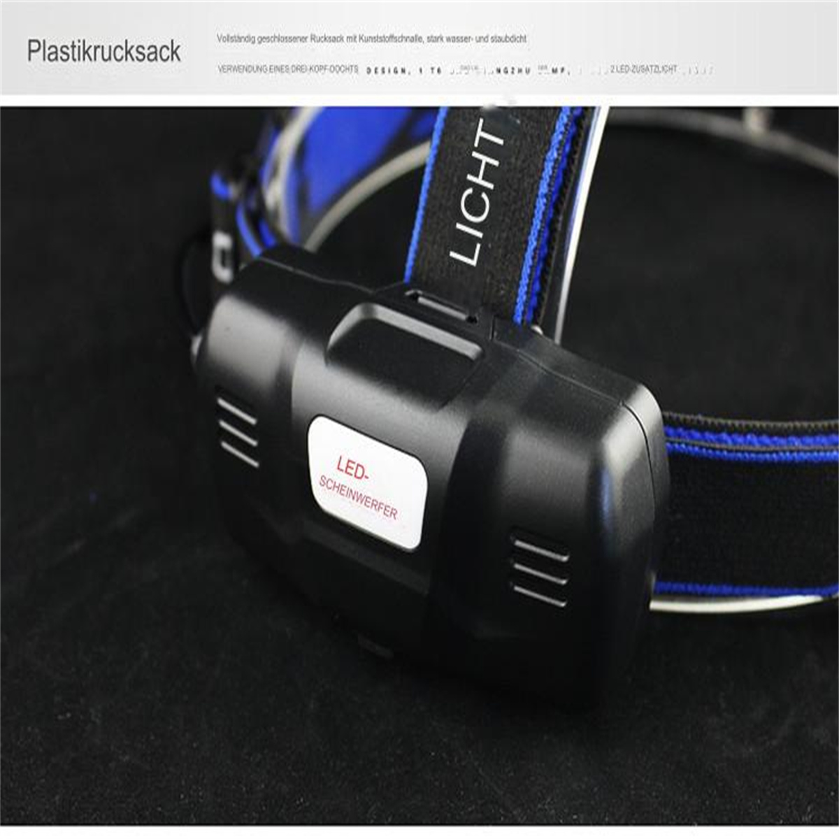 Schwarze Stirnlampe mit LED-Leuchten auf schwarzem Untergrund, mit blau-weißem Riemen.