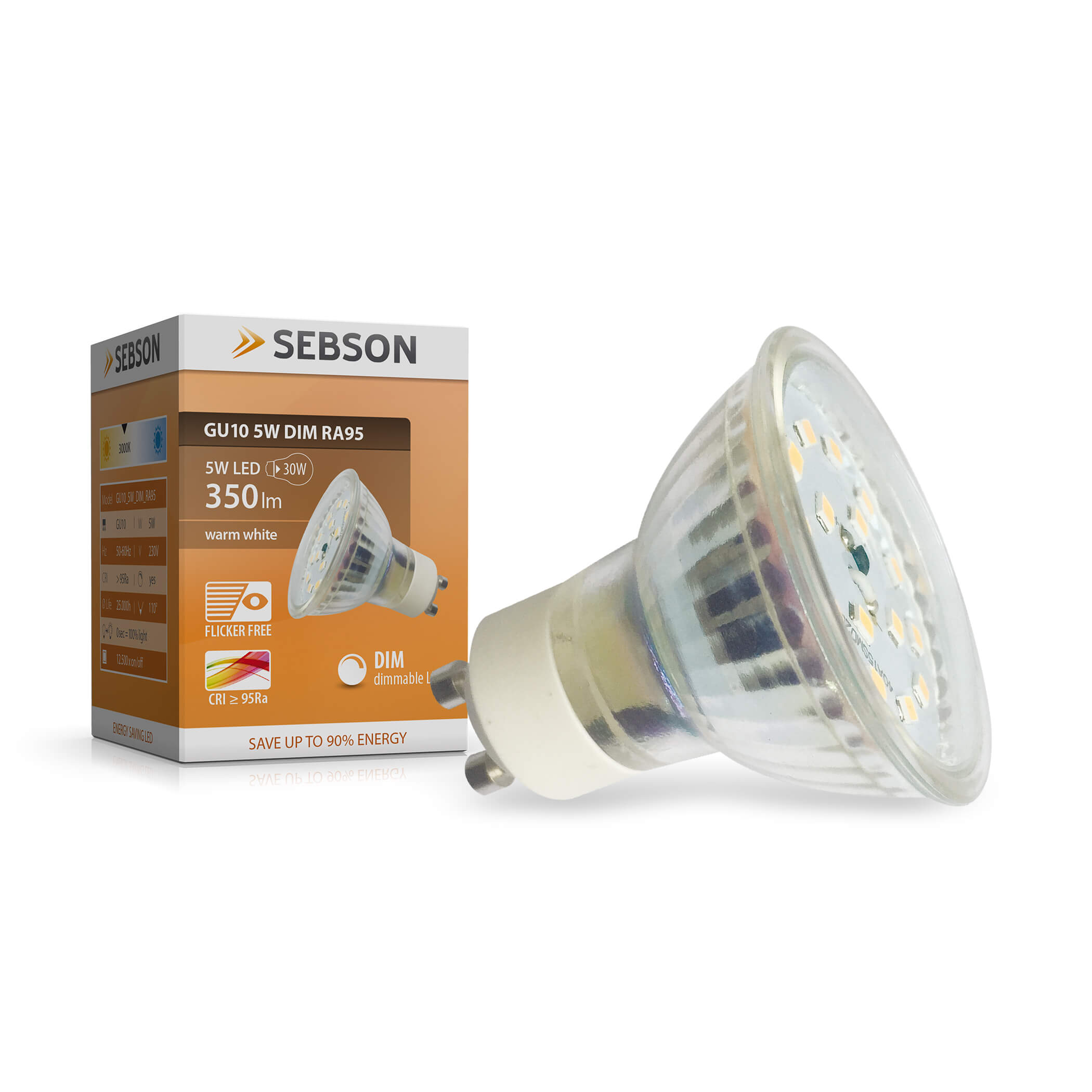 Eine GU10 LED-Glühbirne neben ihrer Box, beides auf weißem Hintergrund.