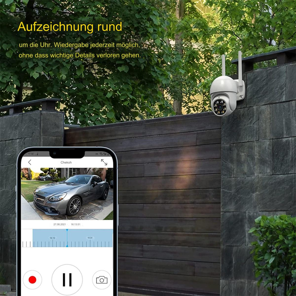 Eine Überwachungskamera an einer Wand und ein Telefonbildschirm, der ein Auto zeigt.