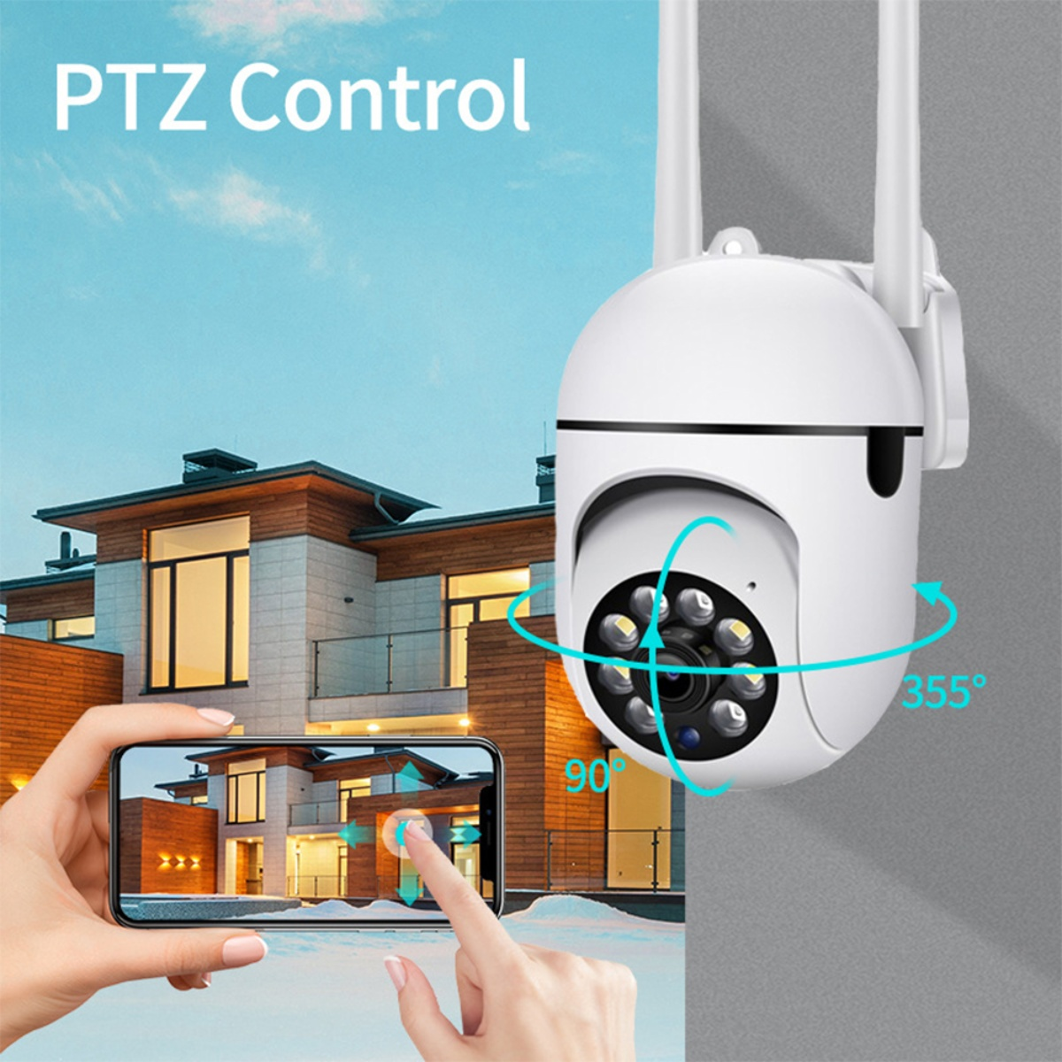 Weiße Überwachungskamera mit Antennen, Smartphone mit Live-Ansicht, Haus im Hintergrund.
