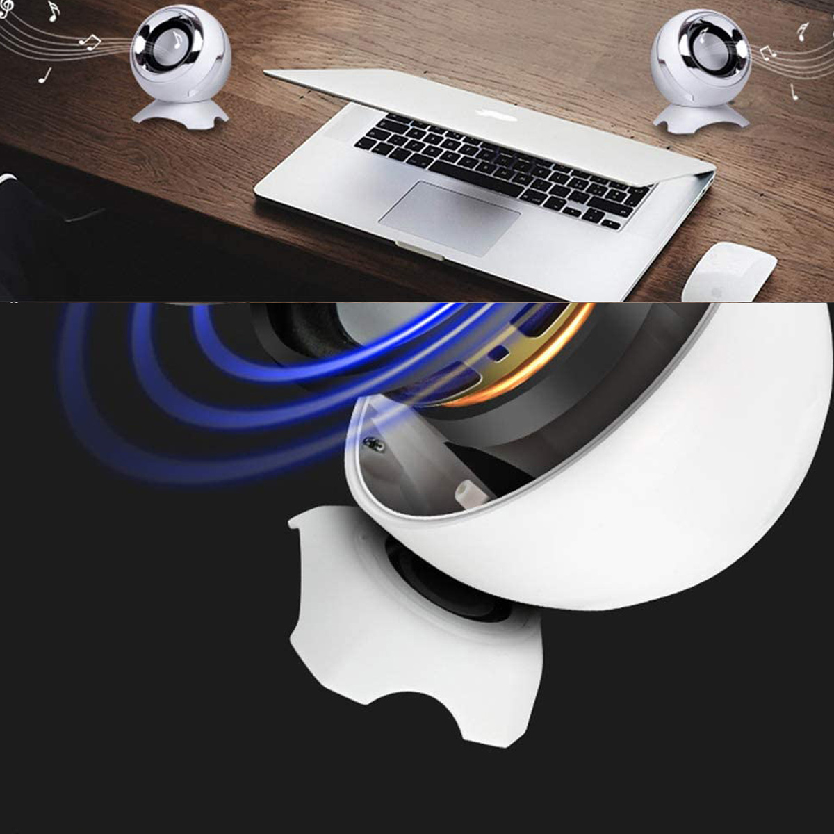 Zwei weiße Lautsprecher auf einem Holztisch. Ein Laptop ist geöffnet. Schallwellen und Lautsprecherdetails.