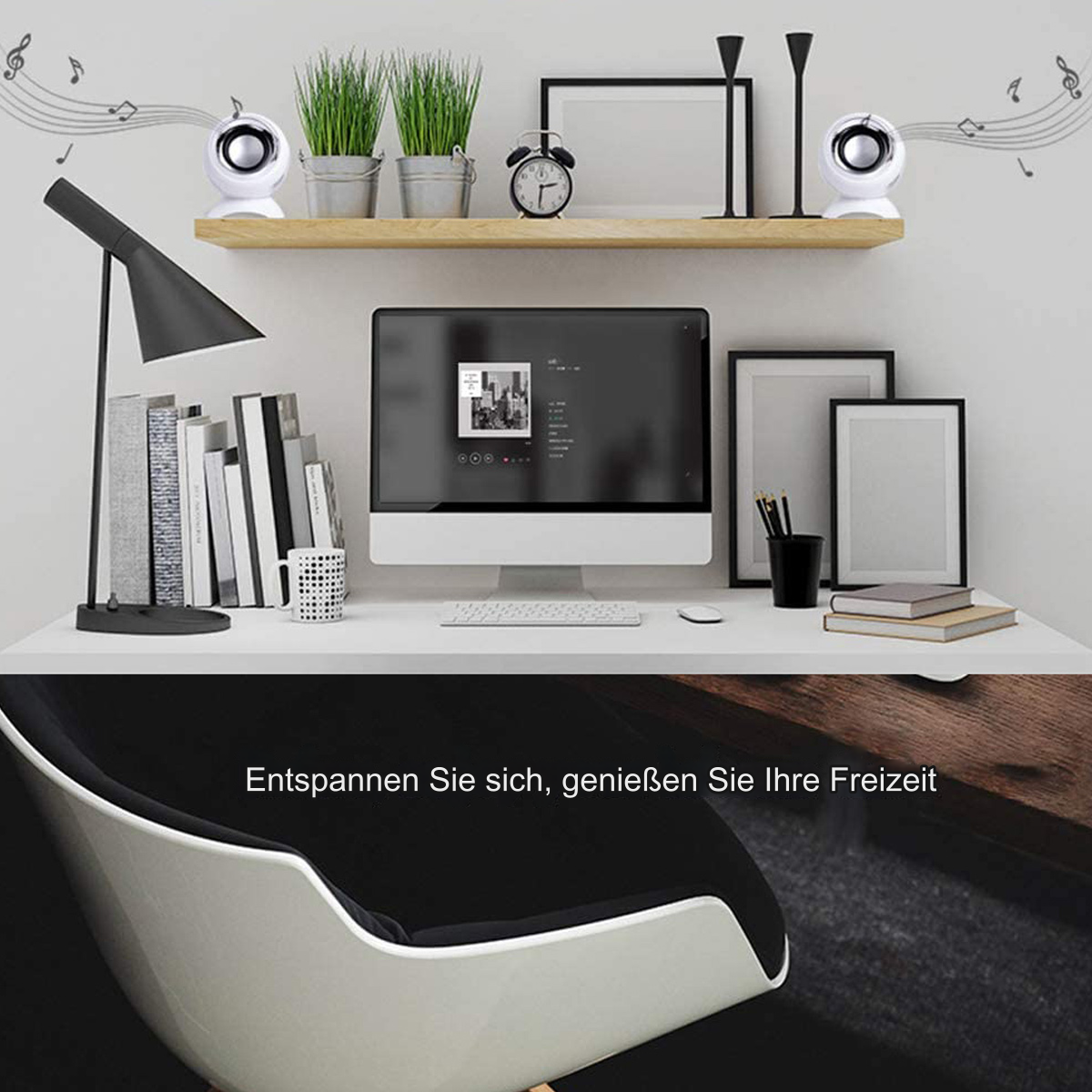 Schreibtischszene mit Computer, Lautsprechern, Lampe, Büchern. Text: Entspannen Sie sich, genießen Sie Ihre Freizeit.