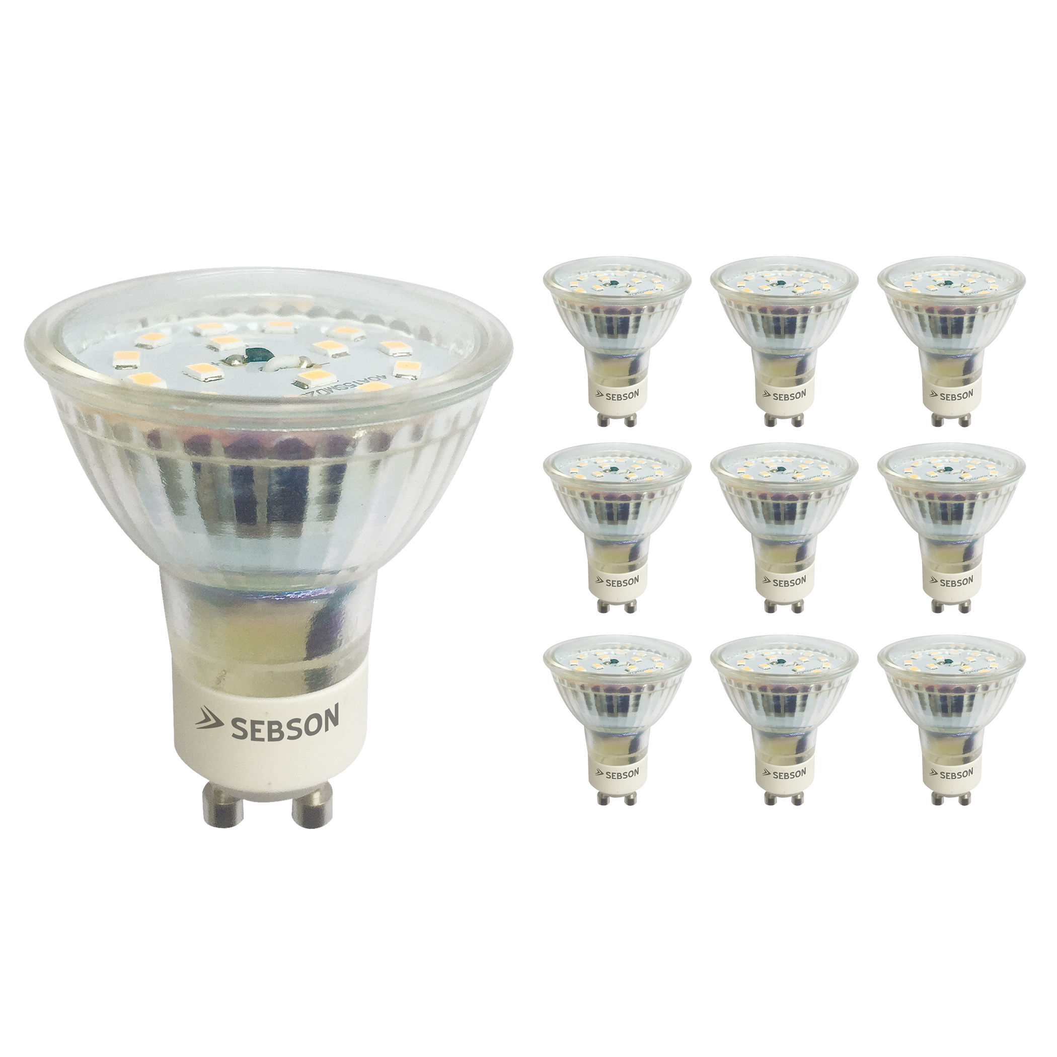 Neun LED-Glühbirnen. Eine ist separat. Weißer Hintergrund.