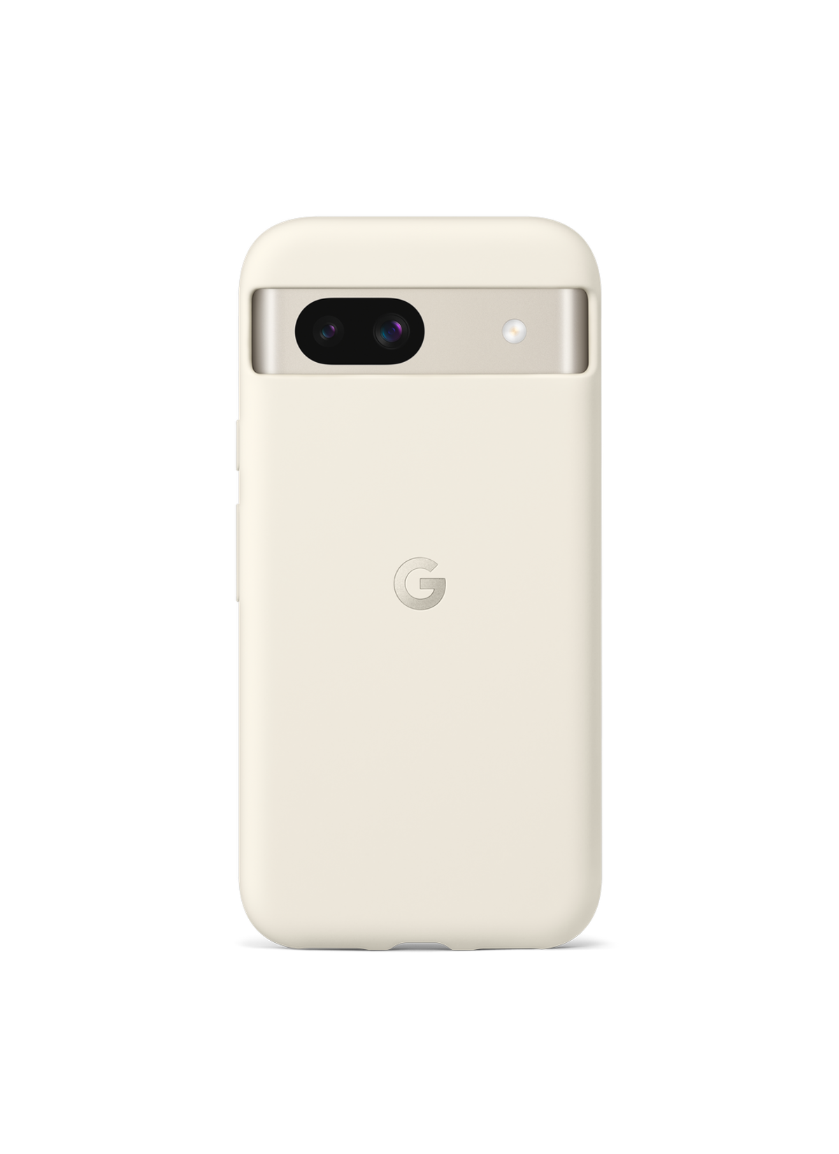 Funda de teléfono blanquecina. Logotipo de Google. Dos lentes de cámara. Fondo negro.