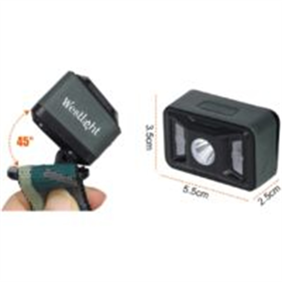 Zwei Stirnlampen. Eine ist schwarz mit Maßen, die andere ist abgewinkelt und trägt die Aufschrift Westlight.