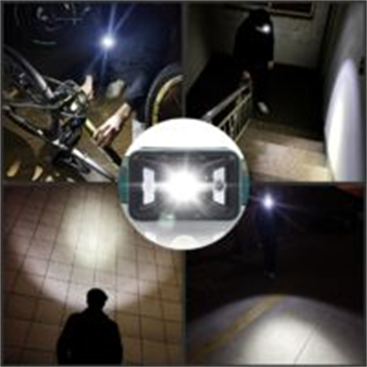 Mehrere Bilder einer Stirnlampe in verschiedenen Situationen.