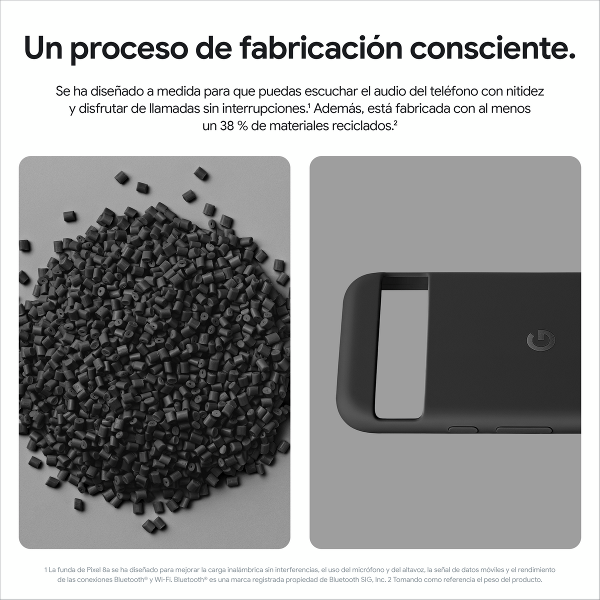 La imagen muestra gránulos de plástico negro y una funda negra para teléfono, lo que implica fabricación sostenible.