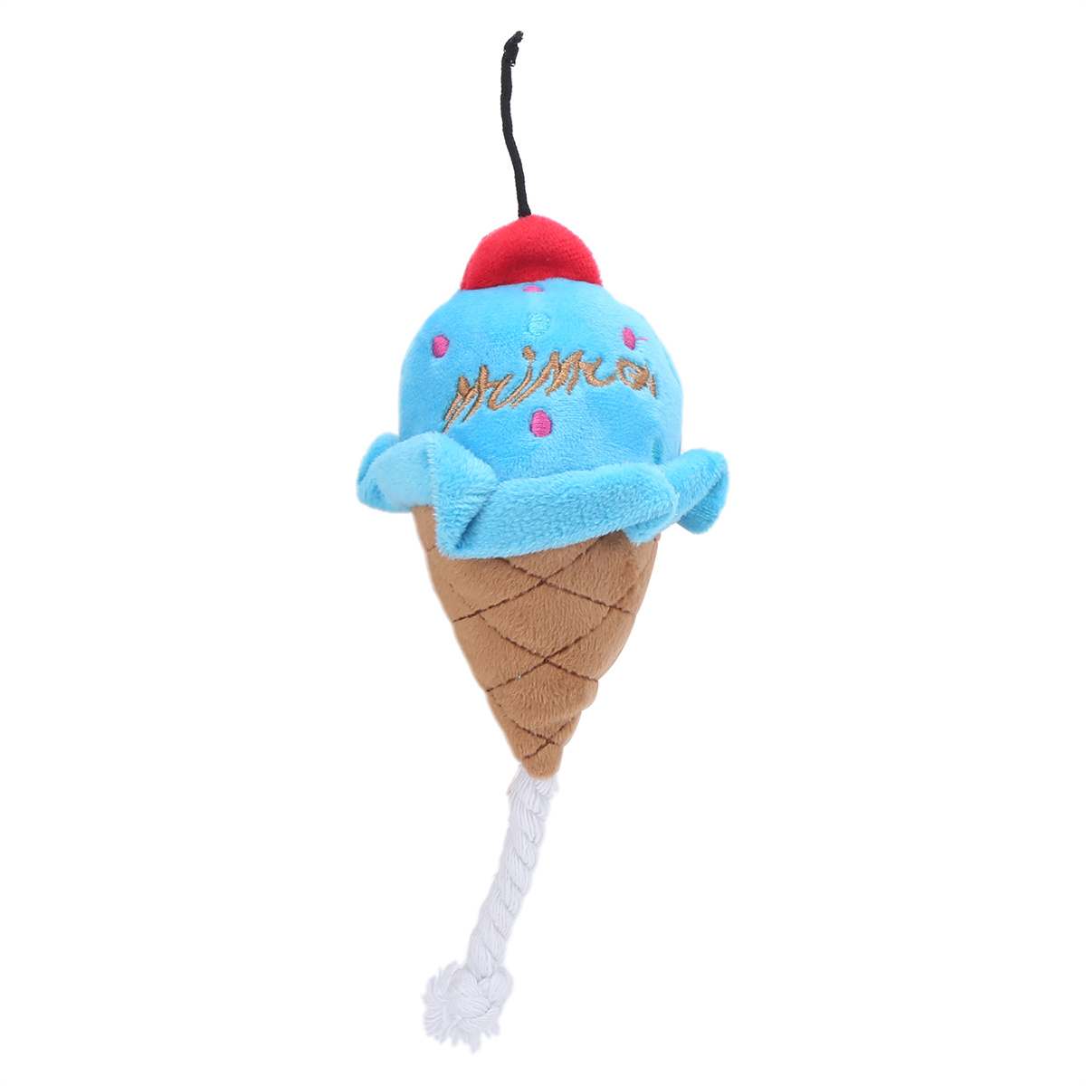 Plüsch-Eisspielzeug mit blauem Oberteil, braunem Kegel und roter Kirsche. Weißer Hintergrund.