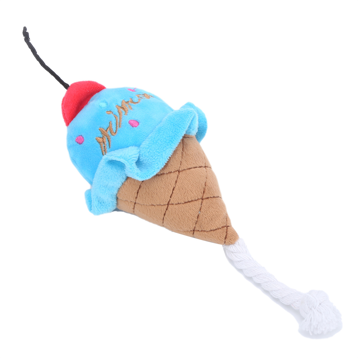 Blauer Eiswaffelspielzeug mit Kirsche oben und weißer Schnur. Der Hintergrund ist weiß.