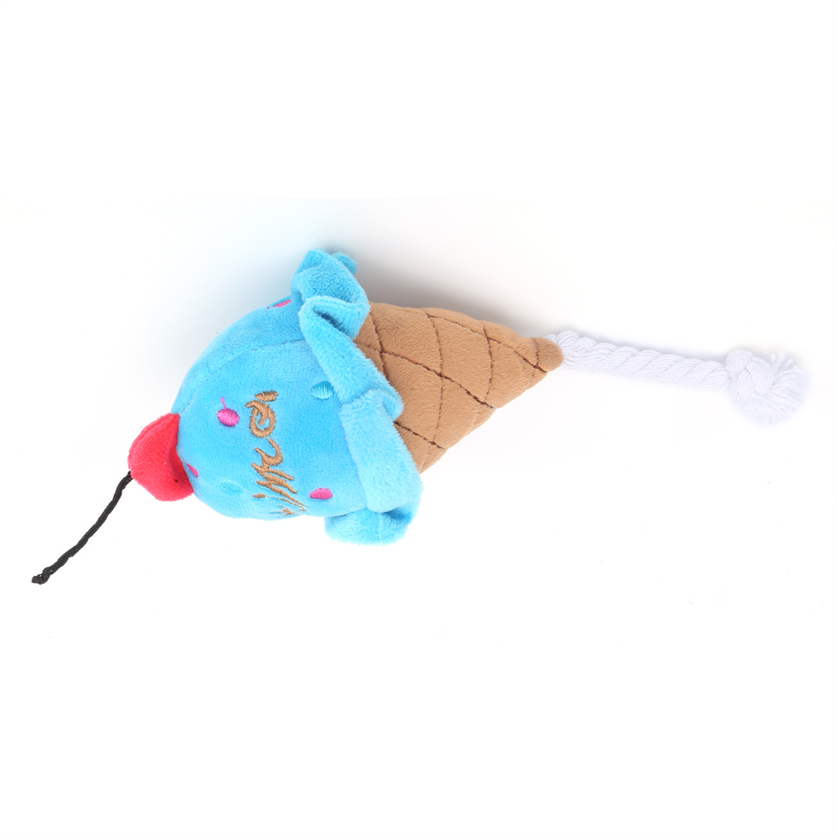 Blaues Eiswaffel-Spielzeug mit roter Kirsche oben drauf.