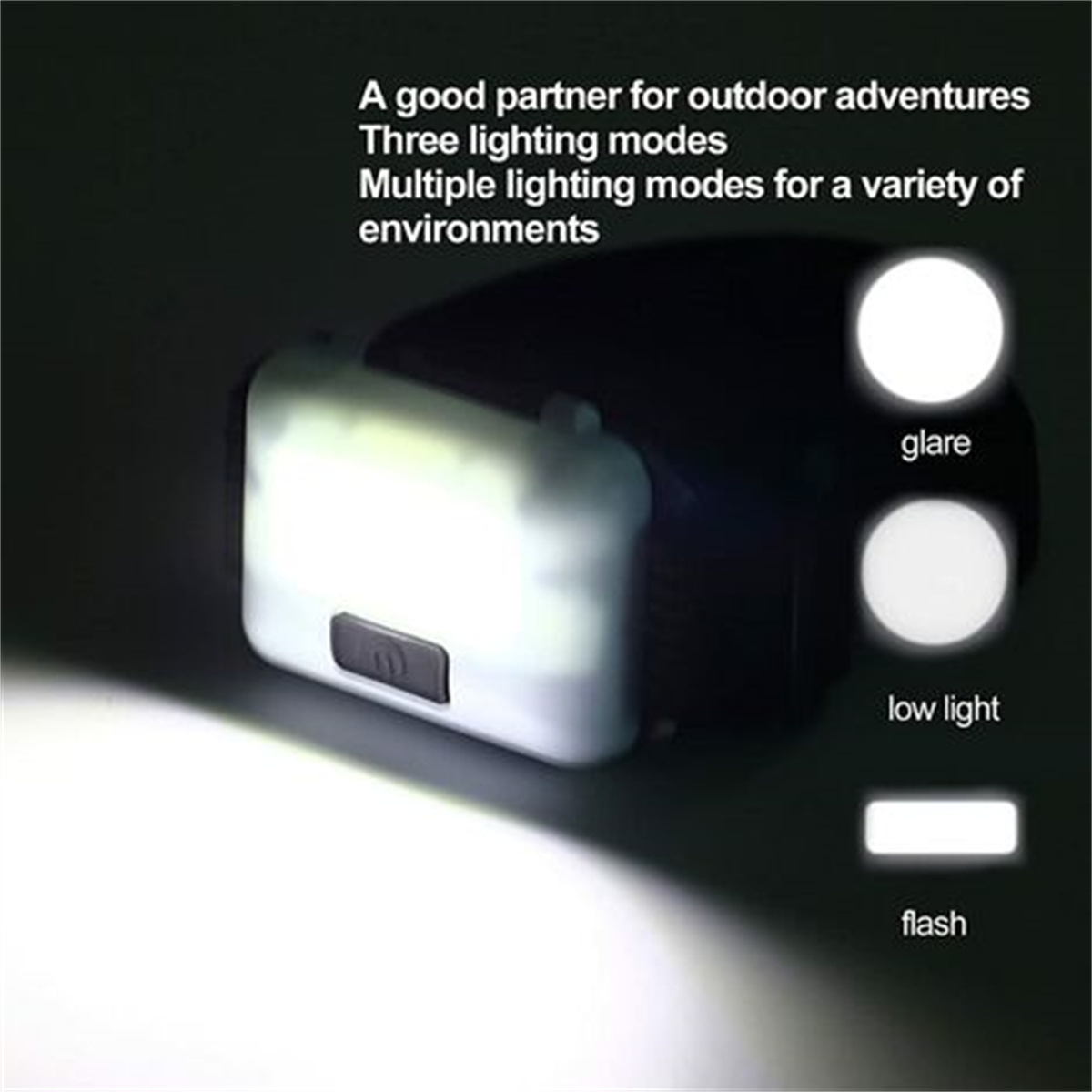 Stirnlampe mit drei Lichtmodi. Blend-, Schwachlicht- und Blitzoptionen werden angezeigt. Ein guter Partner für Outdoor-Abenteuer.