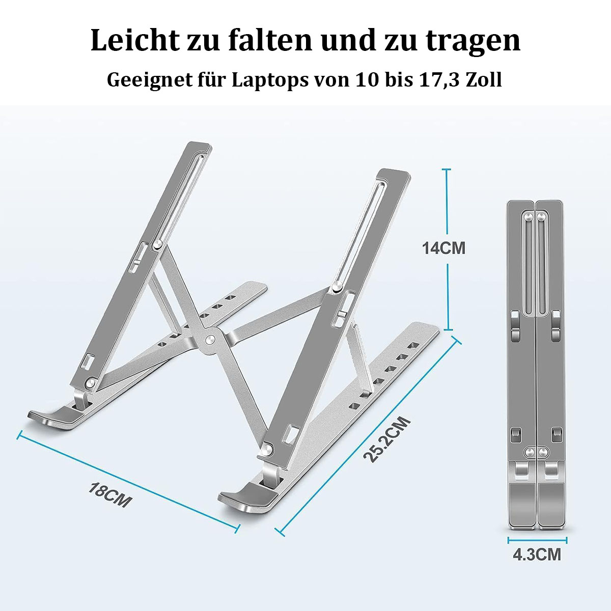 Ein silberner Laptop-Ständer wird mit Abmessungen und einer gefalteten Ansicht gezeigt.