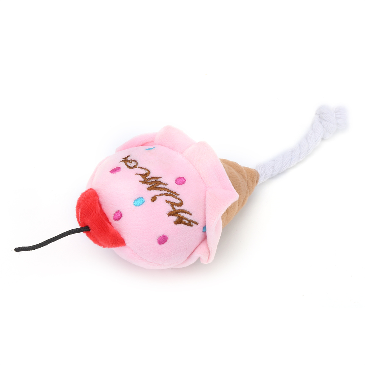 Ein rosa Cupcake-Plüschtier mit braunem Kegel und weißer Schnur. Das Spielzeug hat gestickte Details und Streusel.