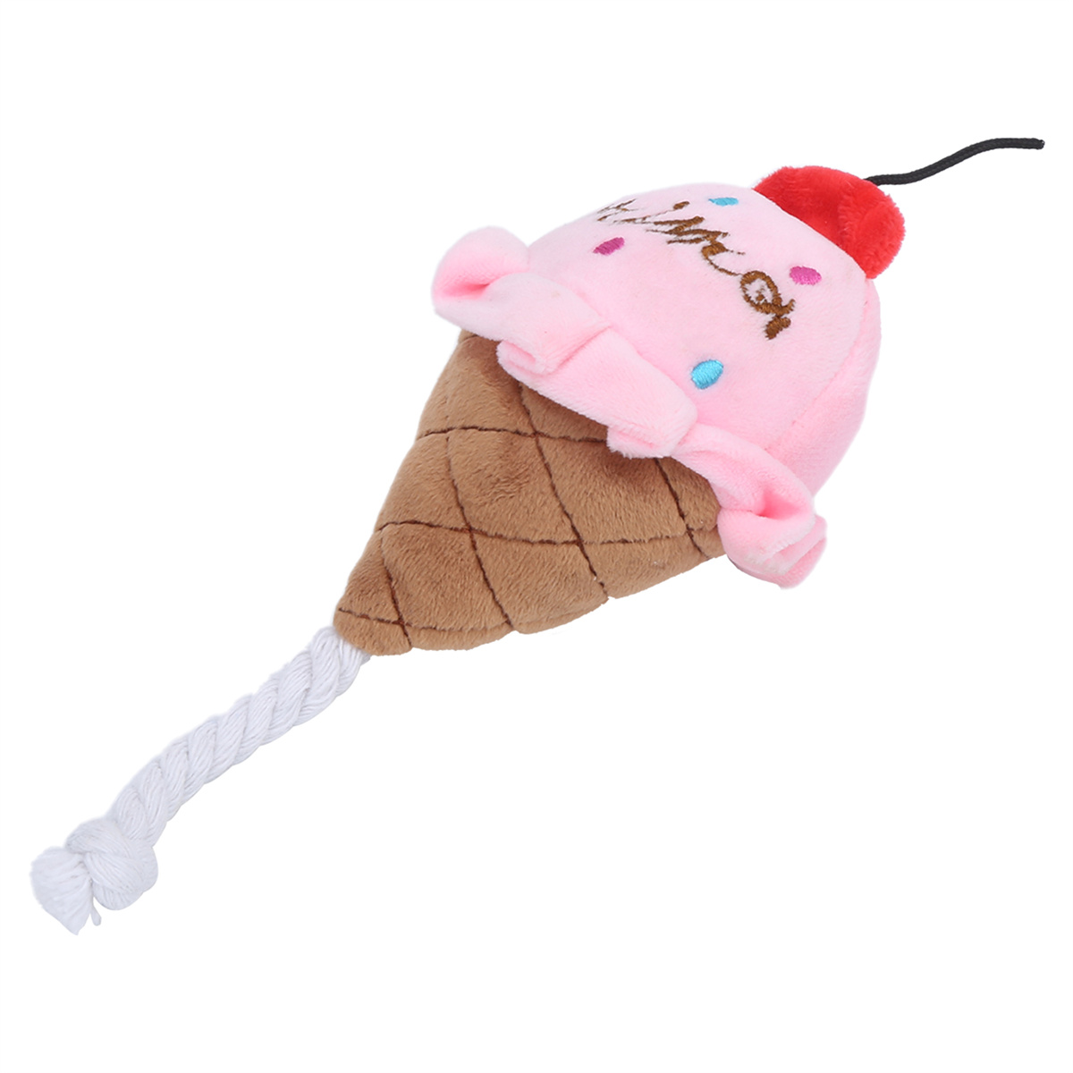 Ein rosa Eiswaffel-Hundefutterspielzeug mit einer roten Kirsche oben und einem weißen Seil.