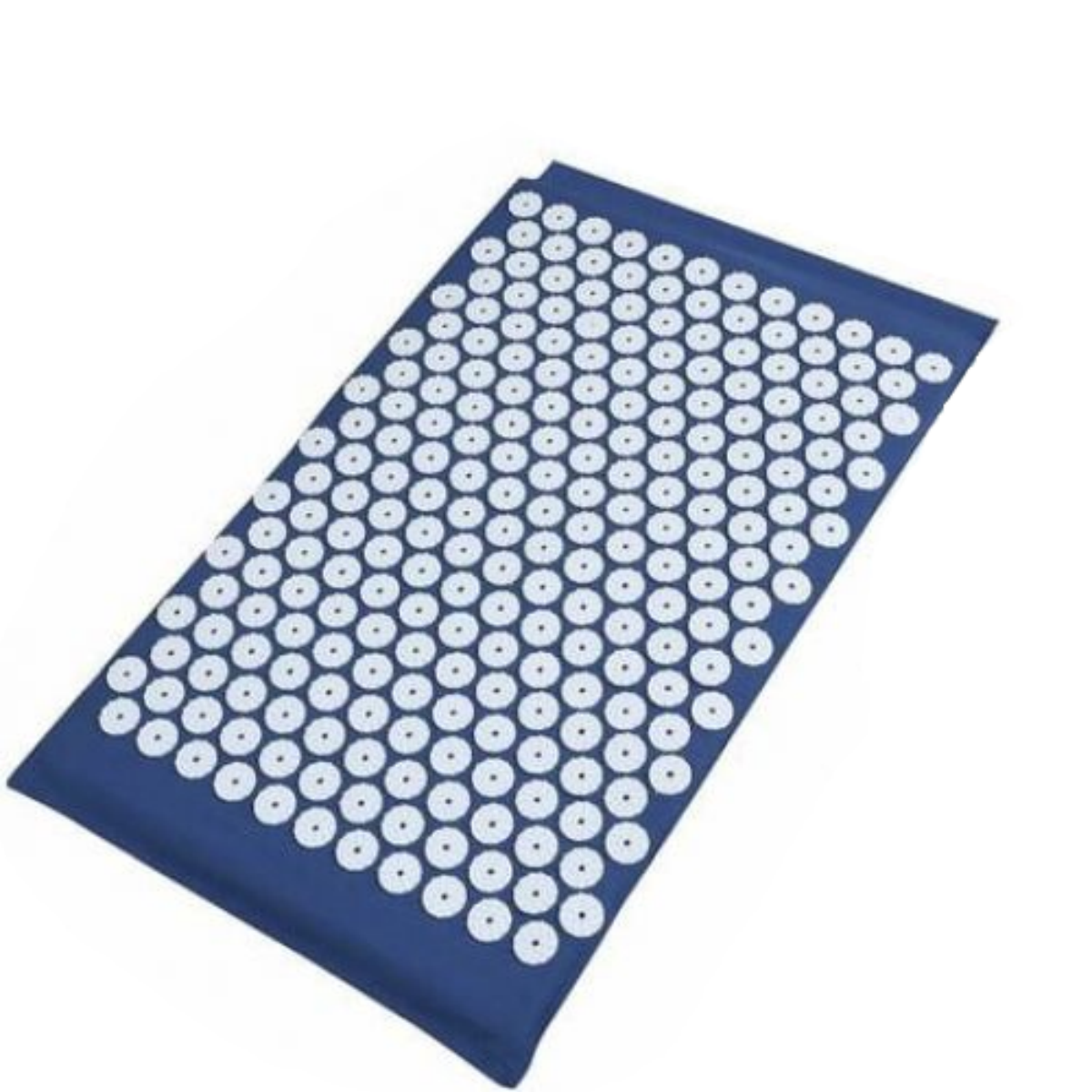 Eine blaue Akupressurmatte mit weißen, erhöhten kreisförmigen Punkten in einem Rastermuster.