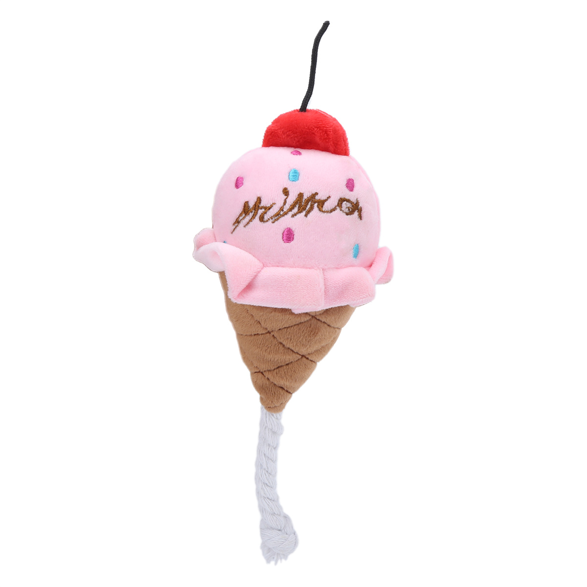 Ein rosa Eiscreme-Spielzeug mit Kirsche, braunem Kegel und weißem Seil. Das Wort 'mima' steht auf dem Eis.