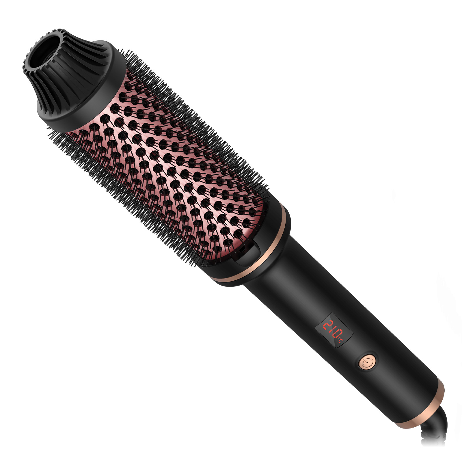 Haar-Lockenwicklerbürste mit schwarzem Griff und roségoldfarbenem Zylinder. Die Bürste zeigt 210°C an.