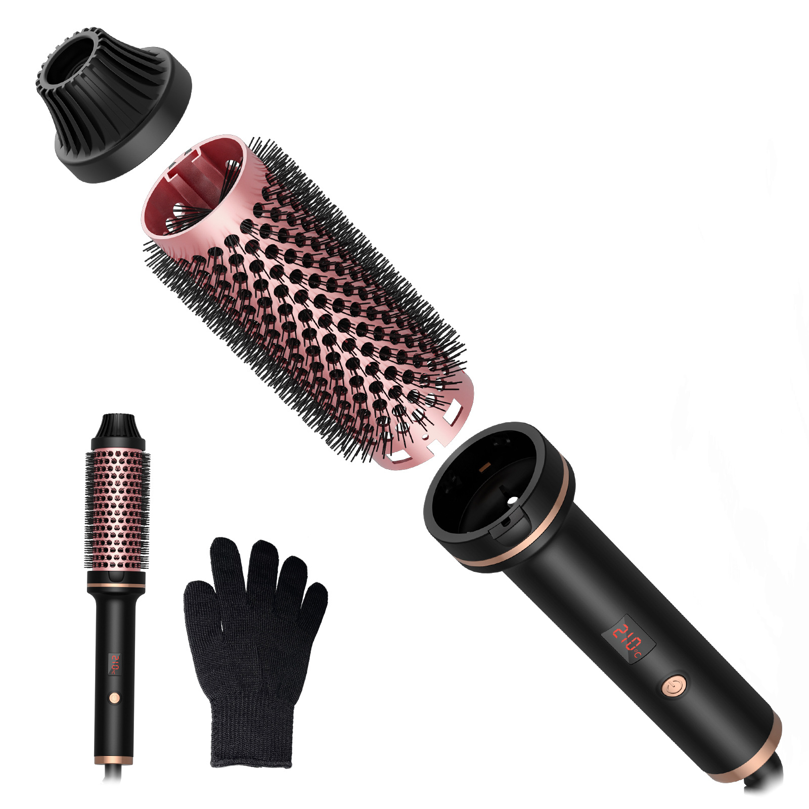 Eine schwarz-roségoldene Haarstylingbürste, zerlegt. Ein schwarzer Handschuh ist ebenfalls vorhanden.