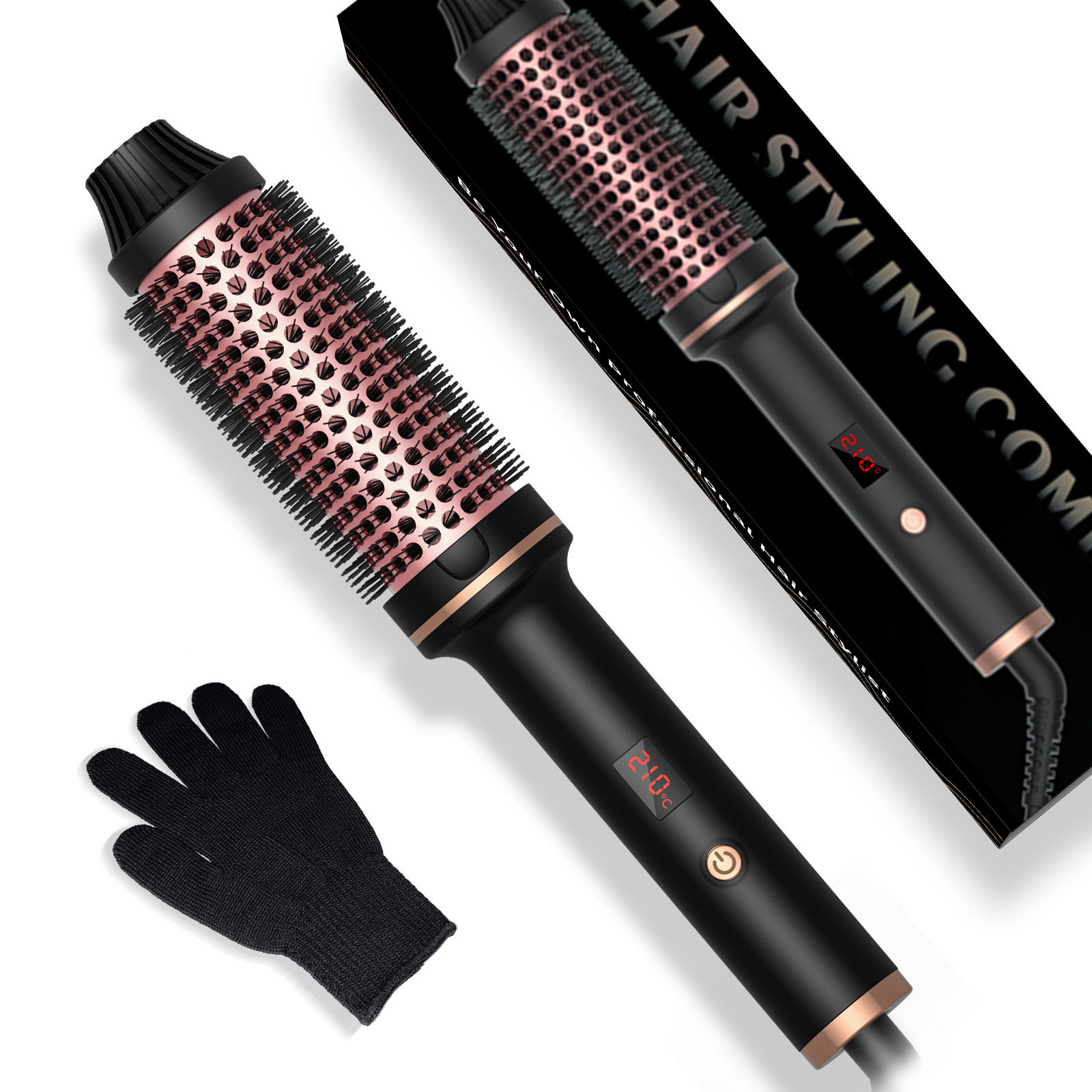 Eine schwarze und roségoldene Haarstylingbürste und ein schwarzer Handschuh auf weißem Grund.