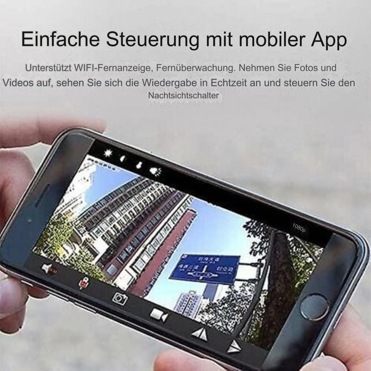 Ein Telefon zeigt eine Gebäudebetrachtung von seiner Kamera, mit App-Oberfläche.