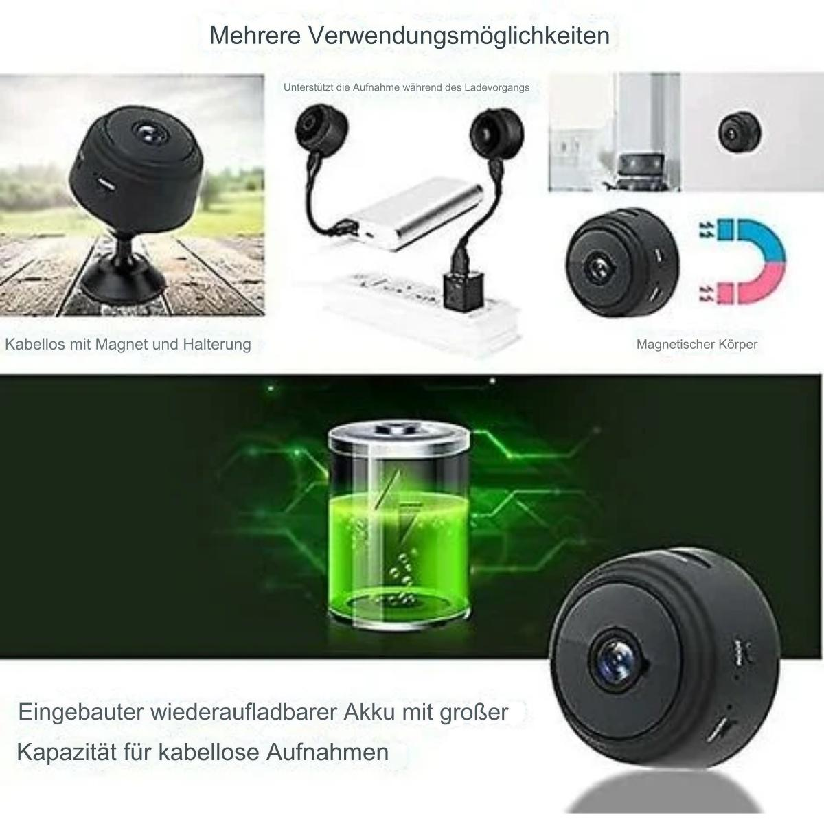 Mehrere Bilder einer schwarzen Überwachungskamera, die verschiedene Verwendungen und Komponenten zeigen, mit Text auf Deutsch.