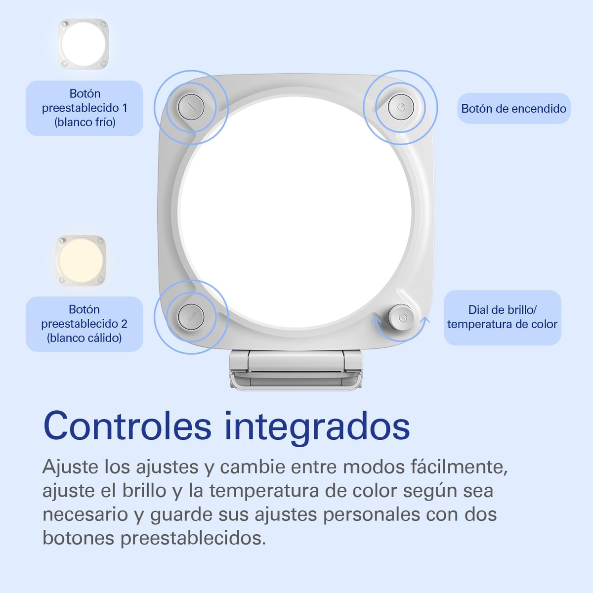 Ein Licht mit Steuertasten. Es hat Tasten für Voreinstellungen, Strom und Farbtemperatur.