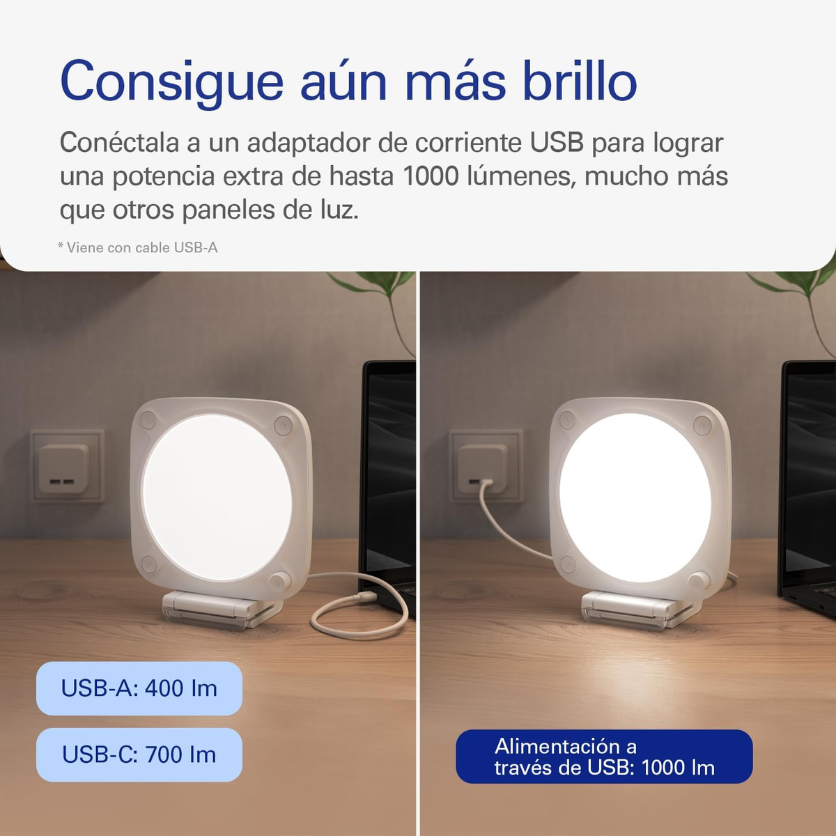 Zwei weiße LED-Lampen mit USB-Kabel. Eine ist eingesteckt, die andere zeigt USB-A- und USB-C-Ausgänge.