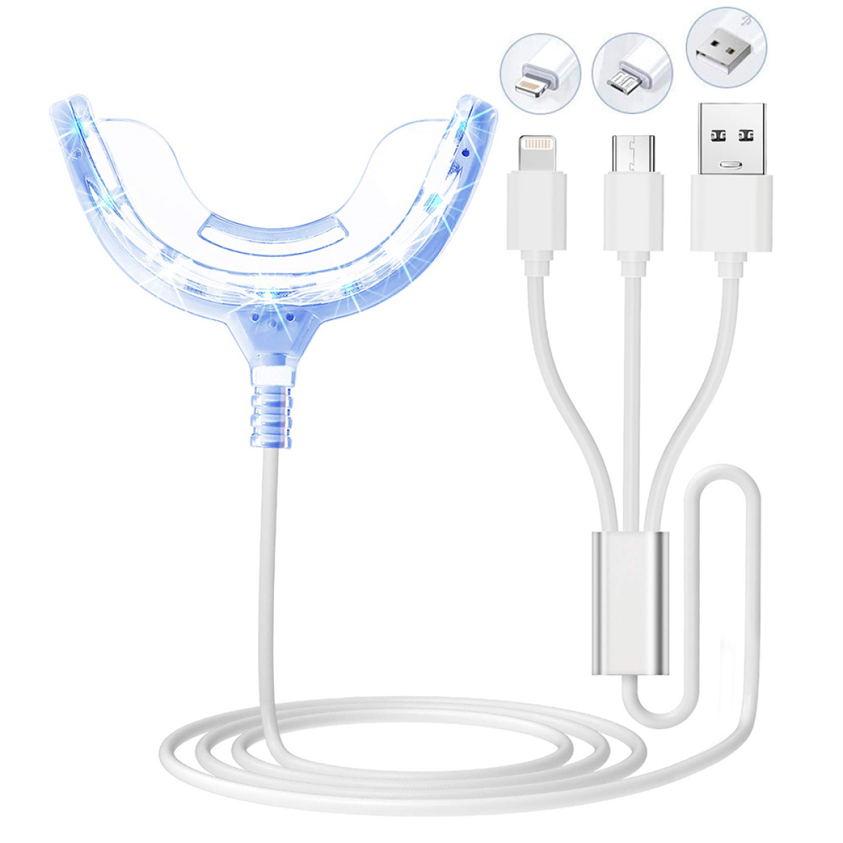 Zahnaufhellungsgerät mit mehreren Kabelenden: USB, USB-C und Lightning. Das Gerät hat blaue Lichter.