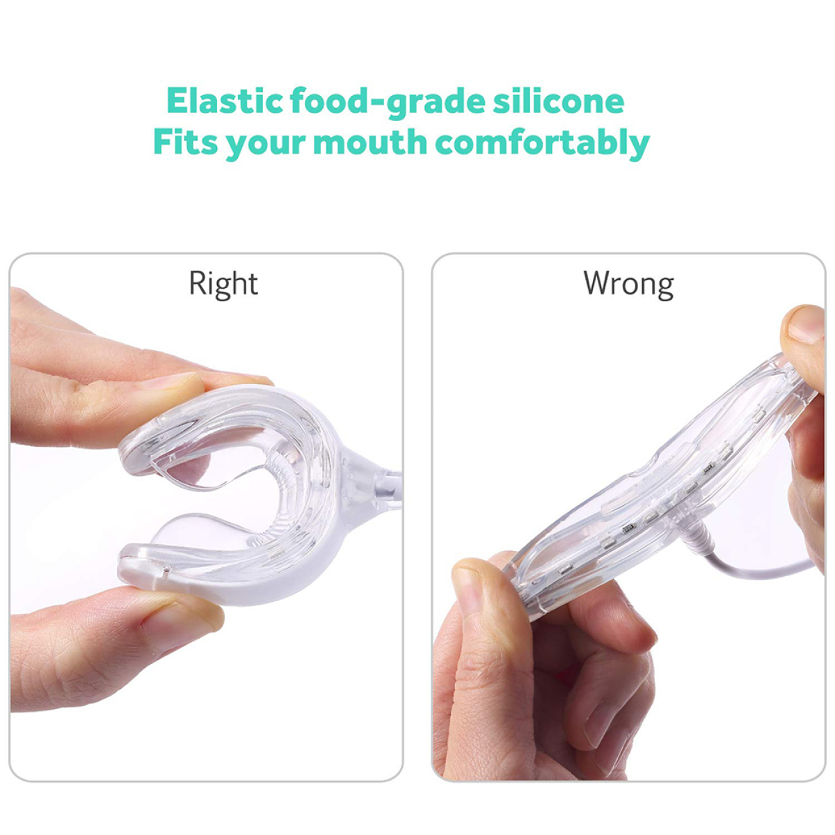 Das Bild zeigt ein Dentalprodukt, das auf zwei Arten gehalten wird; rechts ist richtig, links ist falsch.