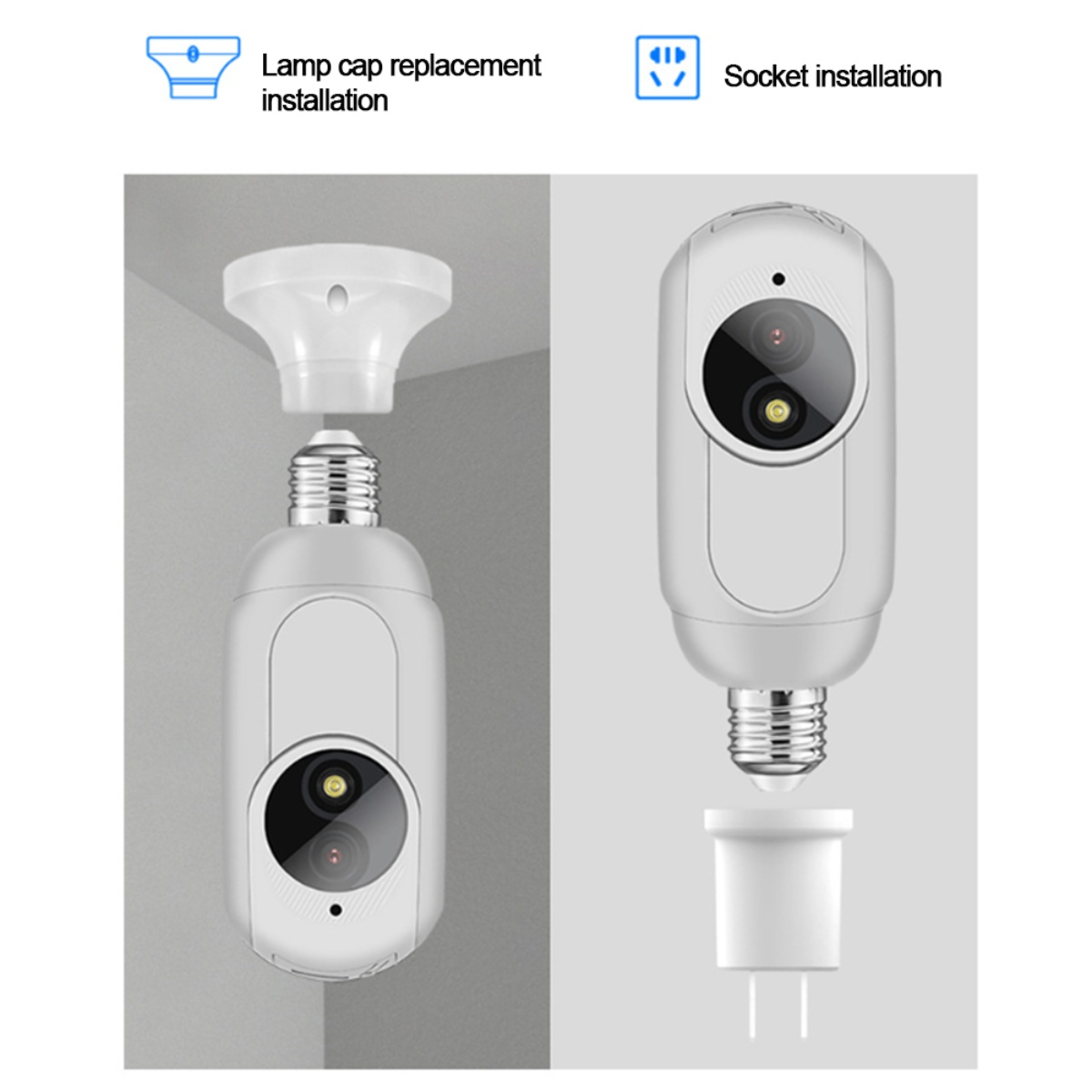 Zwei Bilder, die zeigen, wie man eine intelligente Glühbirne mit Kamera installiert, einschließlich Lampenkappe und Fassung.