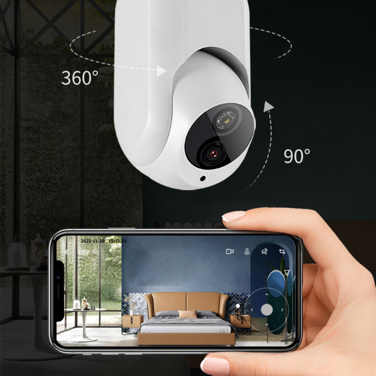 Weiße Überwachungskamera mit 360- und 90-Grad-Sichtbereich. Telefon zeigt eine Heimszene.