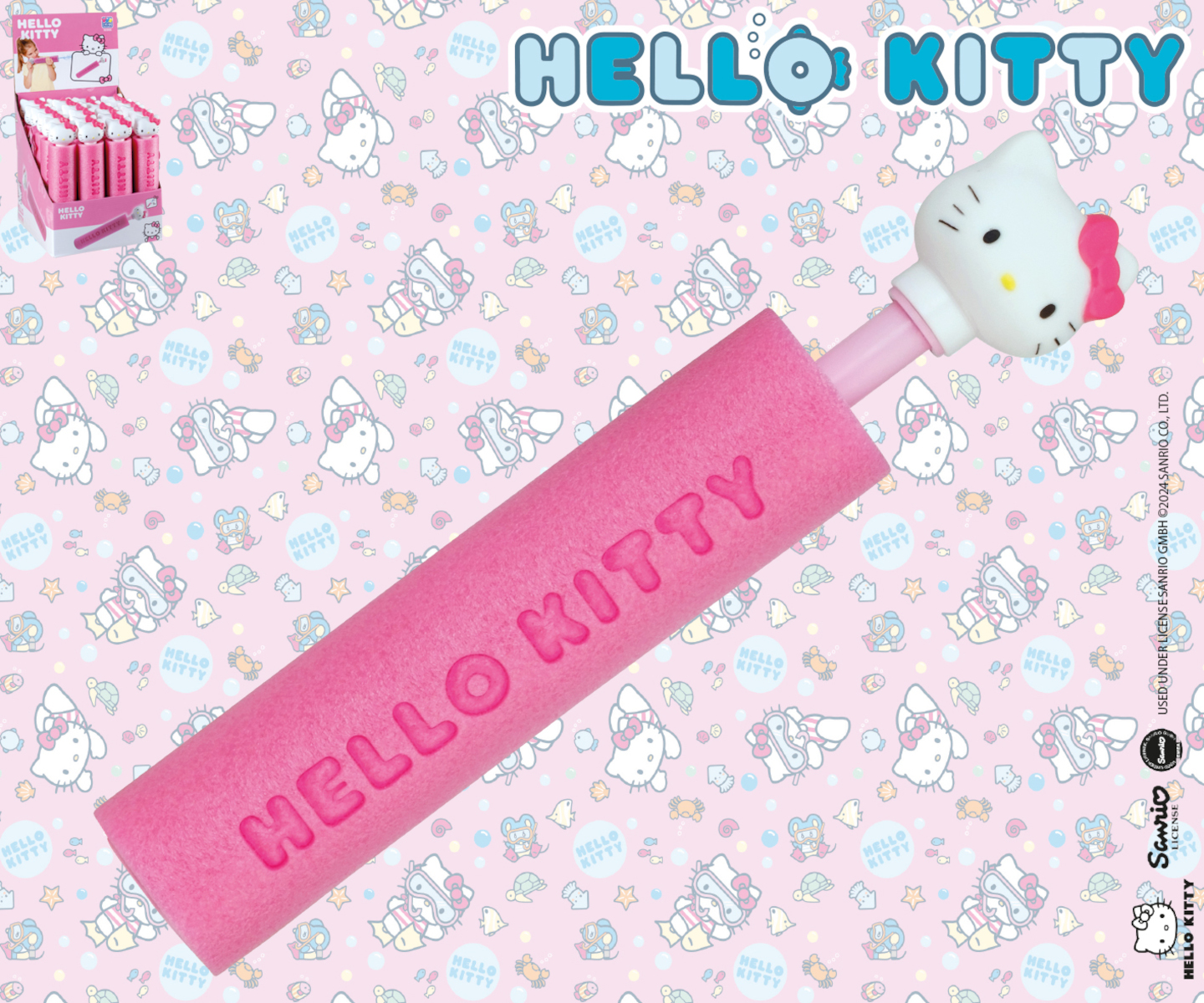 Ein Hello Kitty Wasserspielzeug mit rosa Körper und Hello Kitty's Gesicht oben drauf.