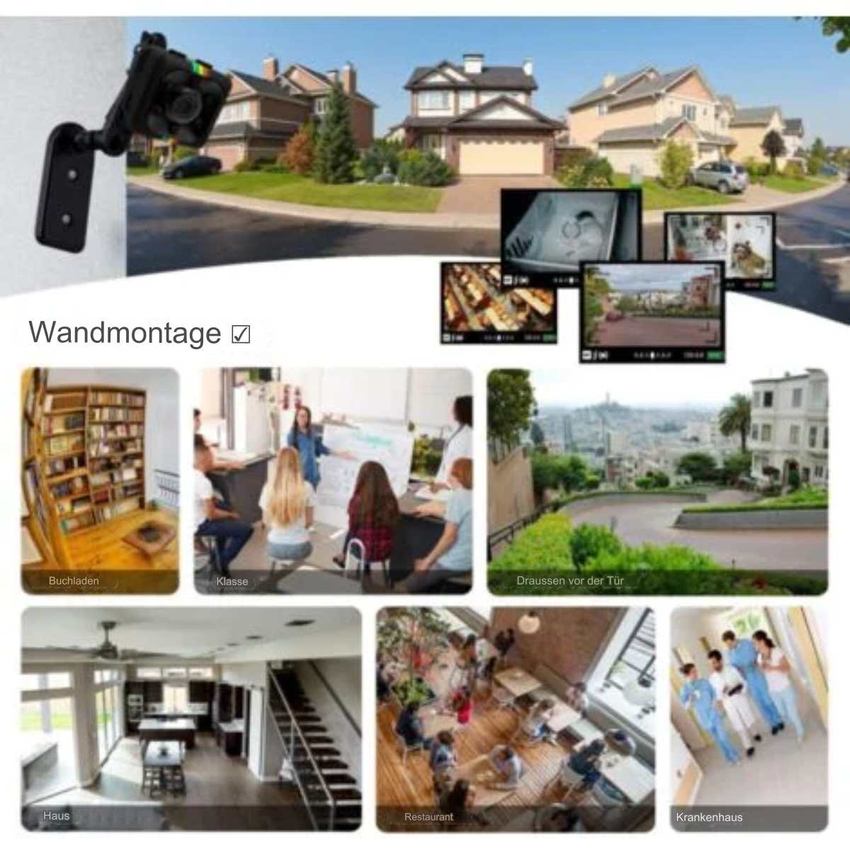 Sicherheitskamera an der Wand montiert, zeigt Live-Feeds von mehreren Orten, darunter ein Haus.