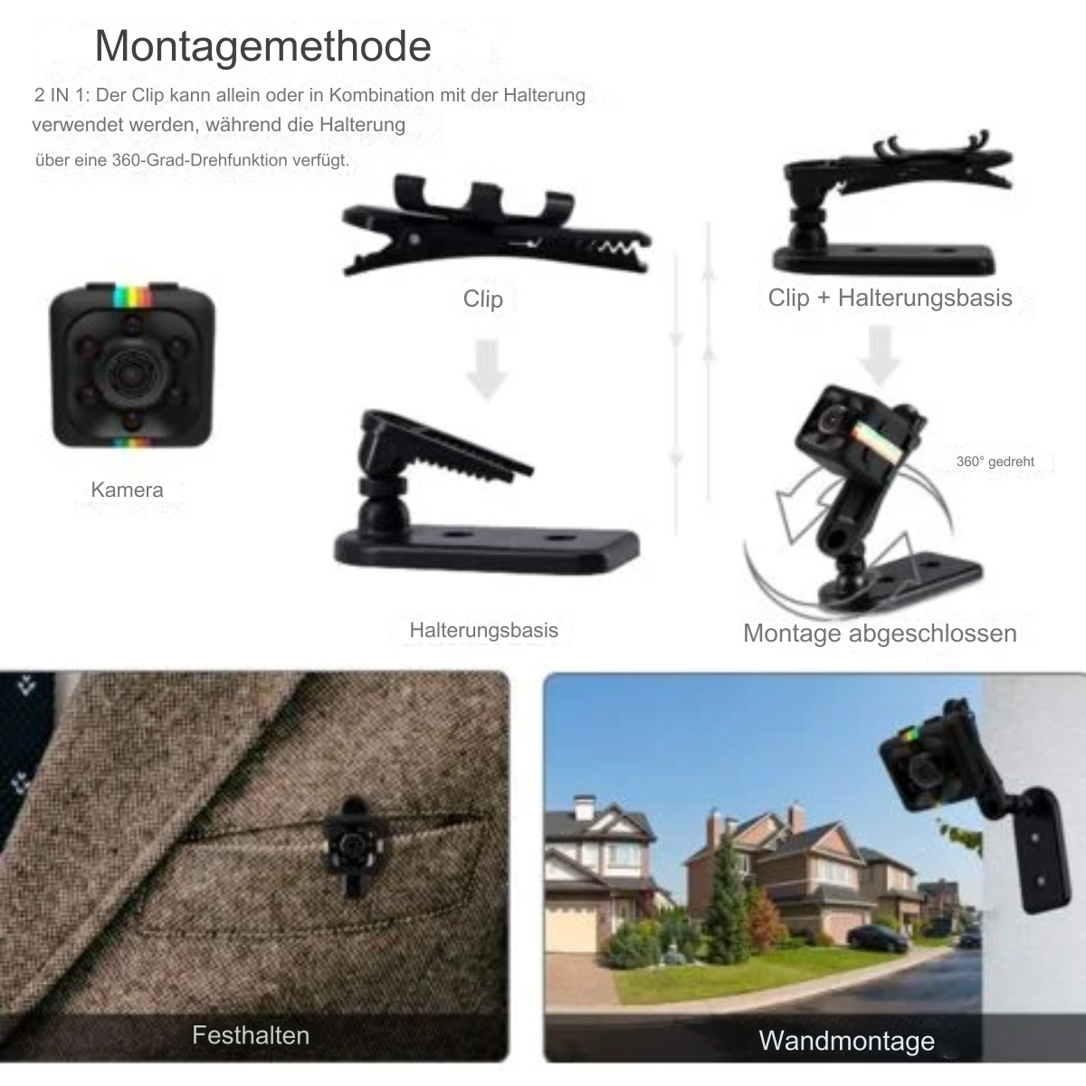 Kleine Kamera im Gehäuse, zeigt Montageoptionen und eine Tasche.