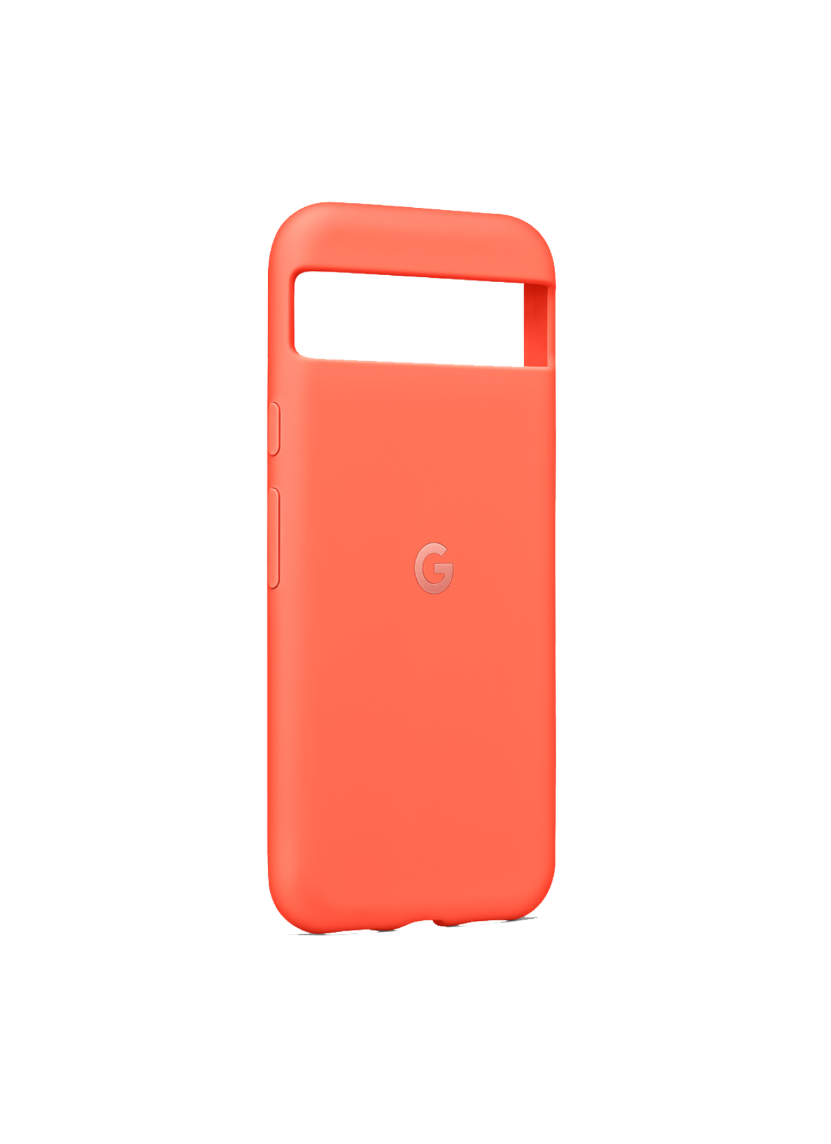 Custodia per telefono color corallo, vista posteriore, con ritaglio per fotocamera e logo Google su sfondo nero.