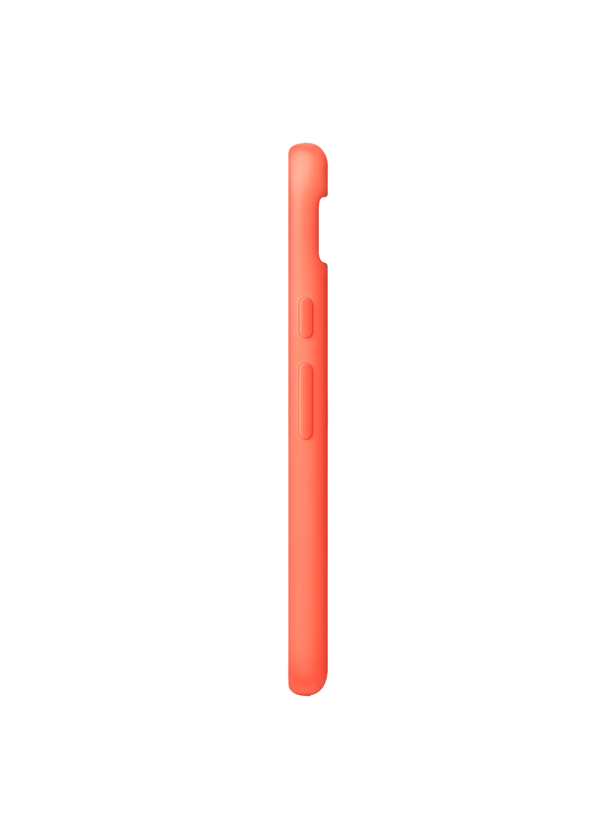 Una vista laterale di una custodia per telefono color corallo. È su sfondo nero.